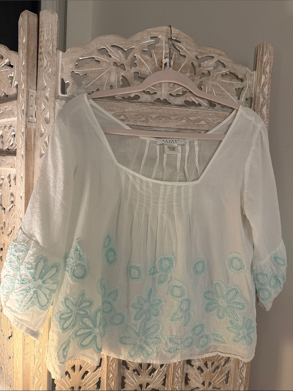 Lightweight Embroidered Peasant Top - White with Aqua Floral Accents
